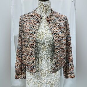 H&M Tweed Cropped Jacket Blue Orange Cream Multicolor Snap Button Size 8